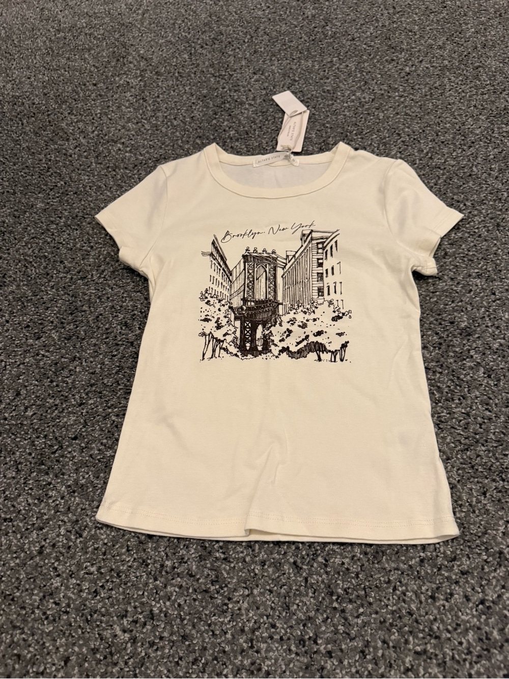 Altar'd State Cream Short Sleeve Tee with Black Brooklyn Graphic